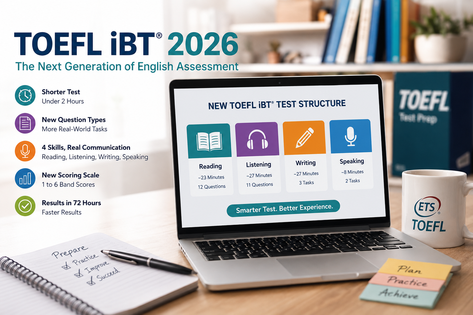 تغییرات جدید آزمون TOEFL iBT در سال 2026 - راهنمای کامل ساختار، سوالات و نمره‌دهی